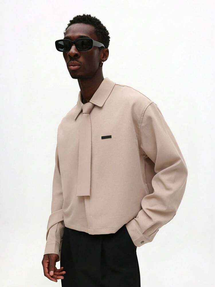 SUMWON Cropped Long Sleeve Button Up Shirt With Spread Collar And Crop Tie For Casual Office Wear Plain