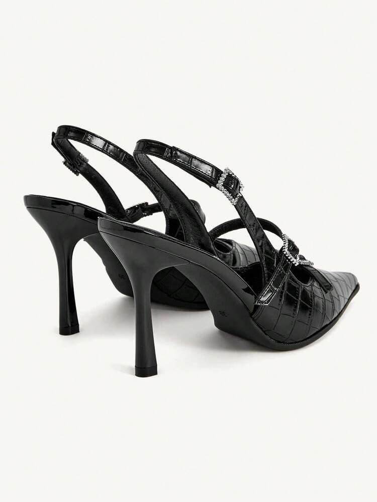 CUCCOO CHICEST Women Shoes Black Crocodile Pointed Toe, Stiletto Rhinestone Square Buckle, Sexy And Elegant Dinner Commuter Elegant Shoes Wedding Shoes Spring Shoes Bride Shoes