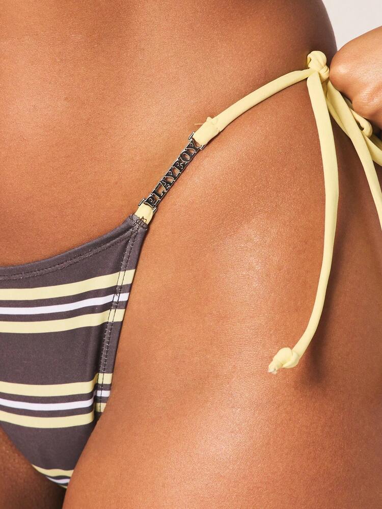 Missguided x Playboy Striped Triangle Bikini Set With Halter Top And Tie Side Bottom For Summer Beach Vacation Pool Party