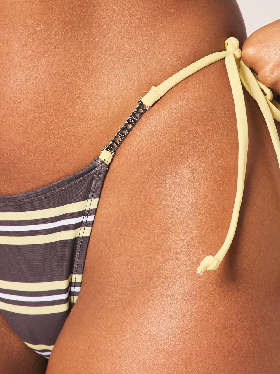 Missguided x Playboy Striped Triangle Bikini Set With Halter Top And Tie Side Bottom For Summer Beach Vacation Pool Party