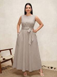 Chikora 大码女士亚麻条纹圆领腰部蝴蝶结口袋无袖宽松休闲连衣裙，适合各种场合，休闲、通勤、旅行、商务休闲女装 - 咖啡棕 - 查看 1