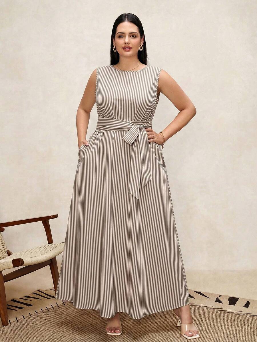 Chikora 大码女士亚麻条纹圆领腰部蝴蝶结口袋无袖宽松休闲连衣裙，适合各种场合，休闲、通勤、旅行、商务休闲女装 - 咖啡棕 - 查看 1