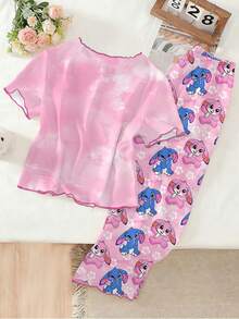 Tween Girls 2 Pieces Pajama Set, Cute Rabbit Print Pink T-Shirt With Contrast Frill Trim And Loose Rabbit Print Pants With Ruffle Hem, Comfortable Loungewear - Pink - View 2
