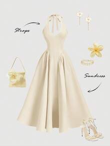 SHEIN MOD Women's Elegant Solid Color Backless Halter Dress, Summer,Summer Dresses For Women - Apricot - View 3