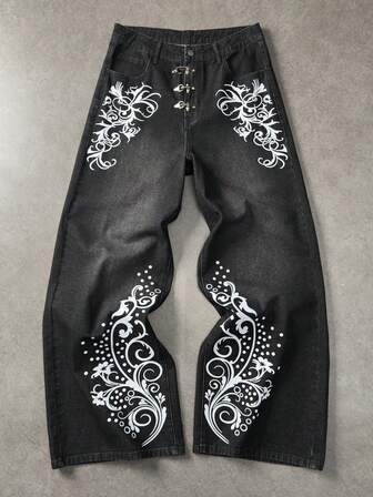 Goth Jeans casual da uomo a gamba larga, lavati e con stampa vintage