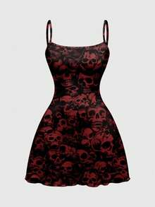 ROMWE Goth 哥特式骷髅印花性感吊带迷你连衣裙，女士春夏款 - 黑色 - 查看 1
