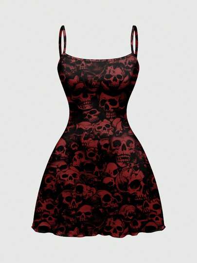 ROMWE Goth 哥特式骷髅印花性感吊带迷你连衣裙，女士春夏款