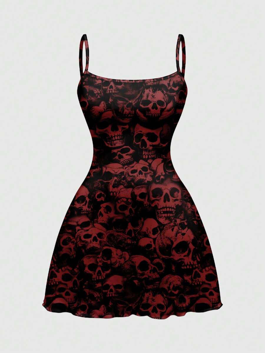 ROMWE Goth 哥特式骷髅印花性感吊带迷你连衣裙，女士春夏款 - 黑色 - 查看 1