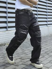 Manfinity EMRG Men's Black Distressed Patch Loose Wide Leg Jeans, Streetwear - Black - View 3