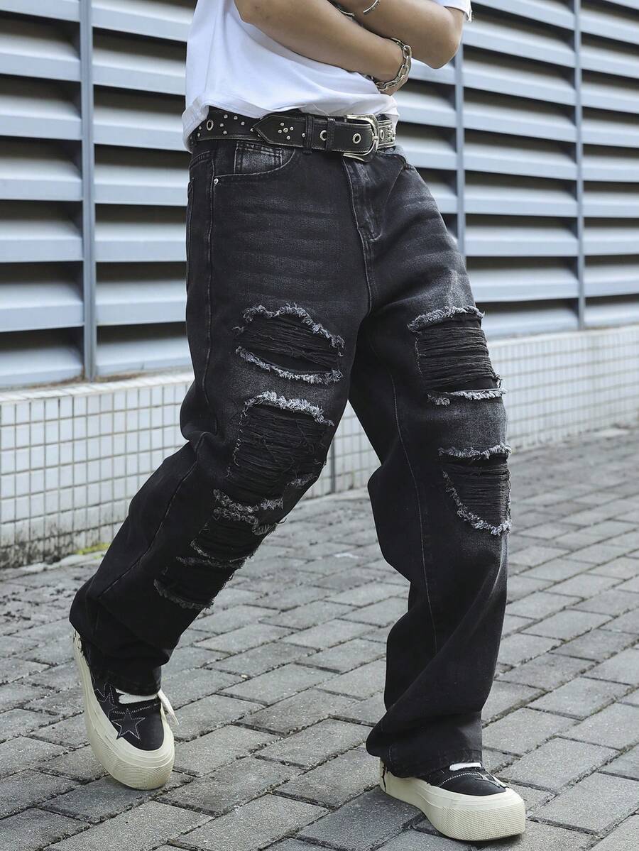 Manfinity EMRG Men's Black Distressed Patch Loose Wide Leg Jeans, Streetwear - Black - View 1