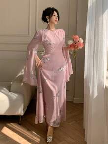 DAZY 女士优雅亮片花卉褶皱系腰中长连衣裙，春夏婚礼宾客礼服，女士长款连衣裙 - 粉色 - 查看 8