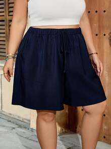 SHEIN CURVE+ 大码女式纯色抽绳腰带口袋宽松舒适休闲短裤，藏蓝色女式短裤，夏季女式短裤，休闲女式短裤，松紧腰短裤，亚麻短裤，女士假日短裤 - 藏蓝色 - 查看 4
