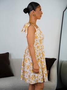 SAYEHFBABY New Ditsy Floral Shoulder Tie Cinched Waist A-Line Dress, Flattering Silhouette, Elegant Casual Vacation Dress - Yellow - View 5