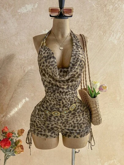 Soleia Women's Retro Ombre Print Mesh Metallic Decor Layered Ruffle Plunging Jumpsuit, Sexy Slimming Fashion For Party, Date, Valentine's Day, Carnival, Easter, Western, Cruise, Holiday, Beach, Music Festival, Boho Vacation, Suitable For All Seasons