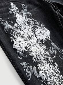 ROMWE Avant Quần jeans nữ ống loe cạp siêu thấp, in họa tiết dây leo, gai góc, phong cách retro Y2K. - màu đen - Xem 3