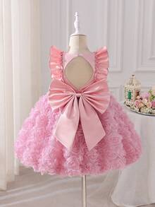 SHEIN Glamorique Kids Đầm công chúa cho bé gái, họa tiết hoa 3D, đáng yêu và tinh nghịch, đầm dự tiệc cho bé gái, đầm sinh nhật, đầm cưới, đầm lễ hội, đầm thanh lịch, lưng khoét, nơ lớn phía sau, đầm màu hồng nhạt. - Bụi hồng - Xem 6