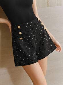 Anewsta 优雅派对波点印花短裤，女士A字廓形黑色修身百搭裤，可爱波点裤，黑色波点短裤，金色纽扣短裤，女士短裤 - 黑色 - 查看 3