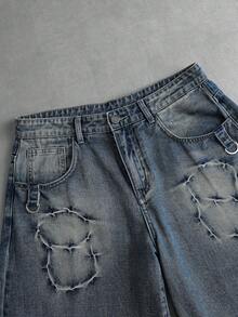 ROMWE MEN Street Life Men's Embroidered Pattern Relaxed Fit Jeans - Dark Wash - View 3