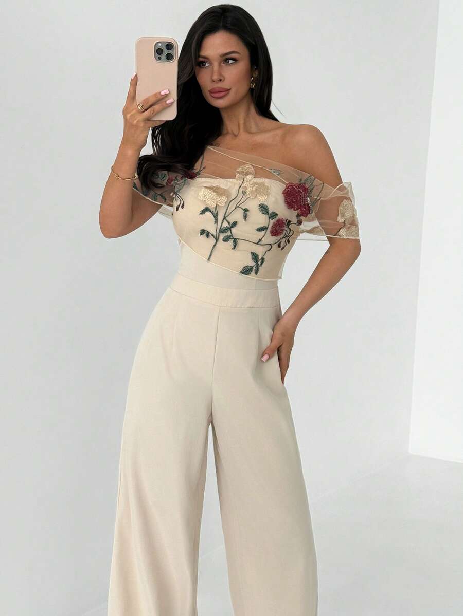 Firerie Bộ áo liền quần ống rộng phối lưới thêu hoa thanh lịch dành cho nữ