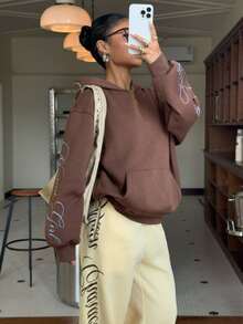 Muchica 女士休闲棕色刺绣卫衣，秋冬季，外出，街头服饰 - 棕色 - 查看 4