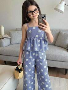 SHEIN Young Girls Blue Daisy Plaid Camisole & Shorts 2pcs Set, Casual Fashion Daily Wear - Blue - View 1
