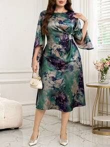 Reflora 大码女式印花圆领喇叭袖优雅连衣裙 - 綠色 - 查看 7