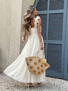 Serisse 女士纯色荷叶边露肩无袖连衣裙，时尚度假之选 - 杏色 - 查看 3