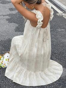 Serisse 女士度假风肩部拼接荷叶边条纹宽松休闲连衣裙 - 杏色 - 查看 6