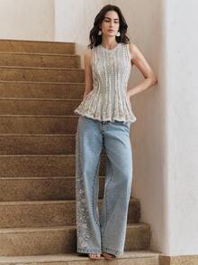 Anewsta 女士花卉针织镂空圆领毛衣背心 - 灰色 - 查看 6