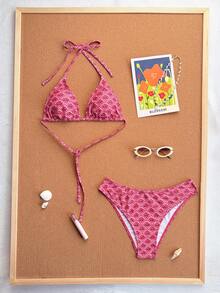 Swim Mod Women's Pink 2-Piece Bikini Set Spaghetti Strap Halter Neck High Cut Swimwear For Summer,Boho Beach Vacation,Holiday,Modest Tanning Bathing Suits - Hot Pink - View 3