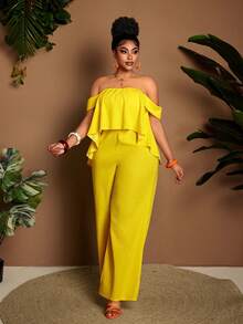 Maweii Plus Size Women's Casual Bohemian Style Vacation Solid Color Off-Shoulder Loose Wide Leg Jumpsuit, Spring/Summer - Yellow - View 4