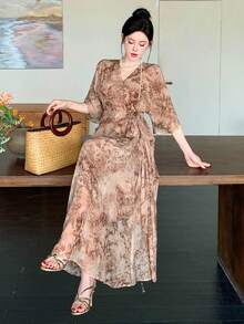 DAZY 女士夏季休闲度假风印花交叉领裹身系腰连衣裙 - 淺綠色 - 查看 4