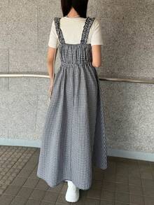 FRIFUL 女士吊带格子A字连衣裙，肩带饰有蝴蝶结 - 黑與白 - 查看 7