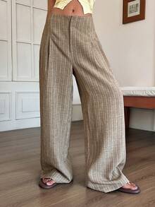 DAZY Quần tây nữ kẻ sọc kiểu dáng thường ngày, thích hợp cho mùa hè. - Màu Khaki - Xem 4