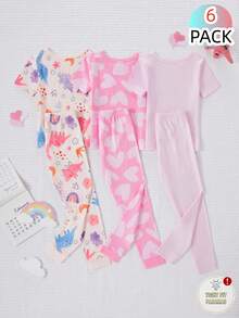 Genkimix Kids 6件套女童短袖修身睡衣套装，饰有蝴蝶结和爱心印花，弹性面料，可机洗，穿着舒适，易于打理（3套单独出售） - 彩色 - 查看 2