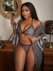SHEIN 4pcs Leopard Print Wireless Sexy Lingerie Set For Women - Multicolor - View 5