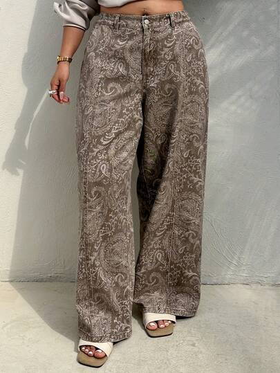 Dazy Plus Floral Print Loose Straight Leg Long Jeans, Plus Size Women, Suitable For All Seasons