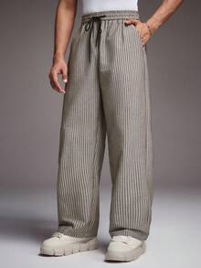 STYNVO Men's Casual Vacation & Commute Striped Print Drawstring Waist Loose Wide Leg Pants - Black - View 3