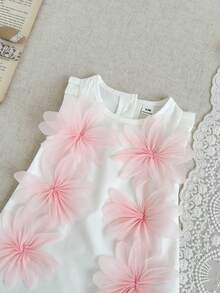 SHEIN 女婴优雅甜美粉色连衣裙，饰以桃色花朵，夏季 - 白色 - 查看 4