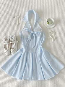 Comfortcana 女士条纹前系带荷叶边下摆无袖连衣裙 - 淺藍色 - 查看 6