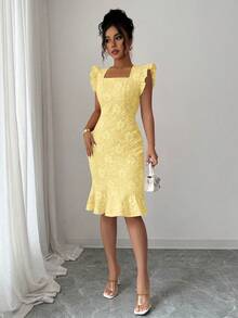Elenzga Elegant Jacquard Ruffle Hem Midi Dress, Suitable For Commuting In Summer - Light Yellow - View 5