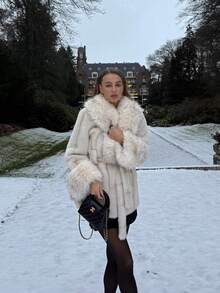 FLORETTA ÉLENA 女士优雅仿皮草领收腰时尚仿皮草外套 - 杏色 - 查看 1