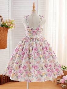 Vintaside Kids 少女碎花荷叶边优雅吊带裙 - 彩色 - 查看 2