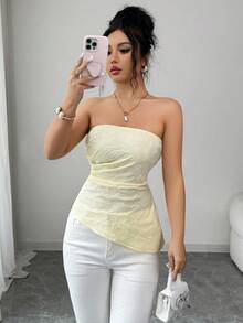 Elenzga 女士春夏新款优雅通勤百搭简约旅行装，性感派对装，高端提花面料浅黄色抹胸上衣 - 黃色 - 查看 1