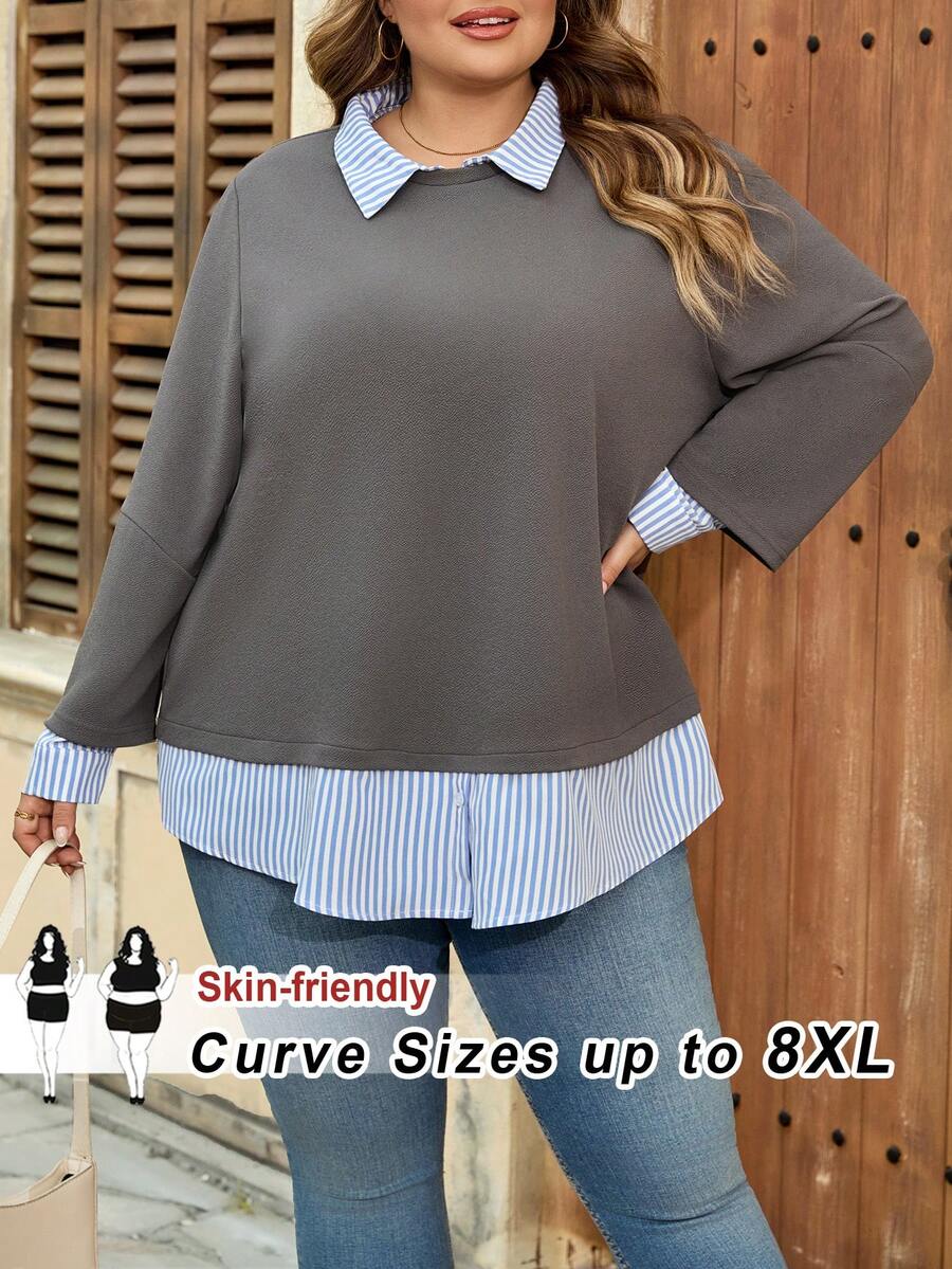 SHEIN CURVE+ Curve 尺码 US22 音乐节、海滨度假、波西米亚风女士条纹翻领长袖休闲拼接卫衣 秋冬款 - 彩色 - 查看 1