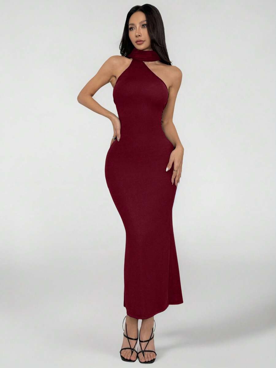 SHEIN PETITE Solid Halter Neck Backless Bodycon Dress Long Bodycon Dress Long Sexy Dress