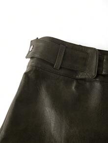 Ellevyn Metal Decor Buckle A-Line Solid Color Elegant Fitted PU Skirt - Army Green - View 4