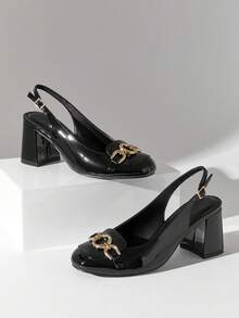 SHUZIA 女士舒适复古风镂空鞋面露跟穆勒鞋，饰有金属链条 - 黑色 - 查看 2