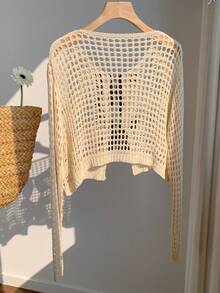 SHEIN EZwear 女士蝴蝶结系带镂空针织短款开衫 - 杏色 - 查看 3