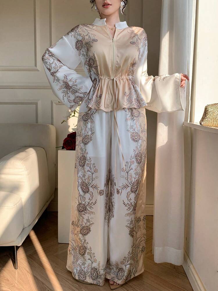 Women's Casual Floral Print Stand Collar Drawstring Shirt And Wide Leg Pants 2-Piece Set, Spring